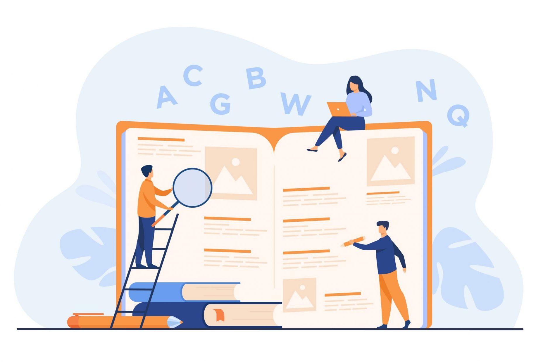 Drawing of people with giant dictionary illustrates blog "Does Bad Grammar Affect the Way My Website Ranks on Search Engines?"