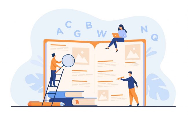 Drawing of people with giant dictionary illustrates blog "Does Bad Grammar Affect the Way My Website Ranks on Search Engines?"