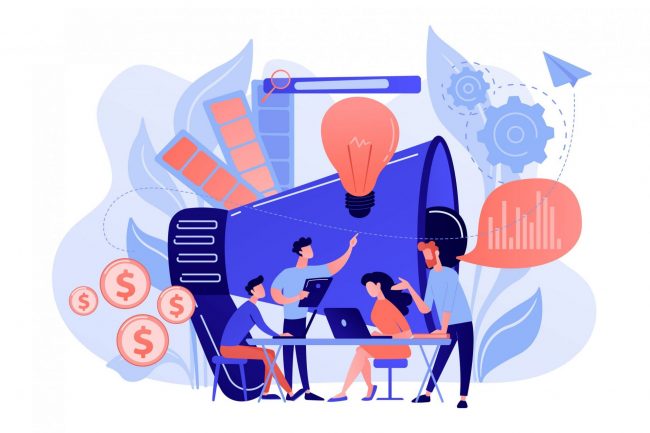 Illustration of multi-marketing team working together.