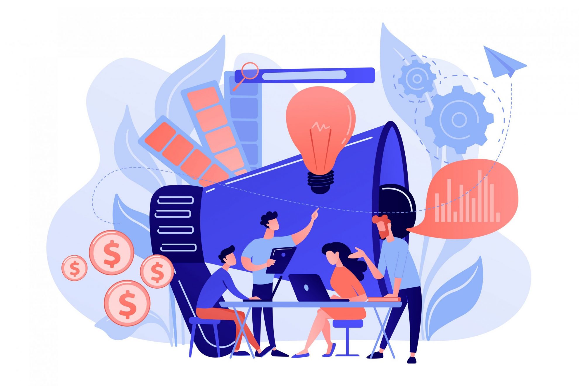 Illustration of multi-marketing team working together.